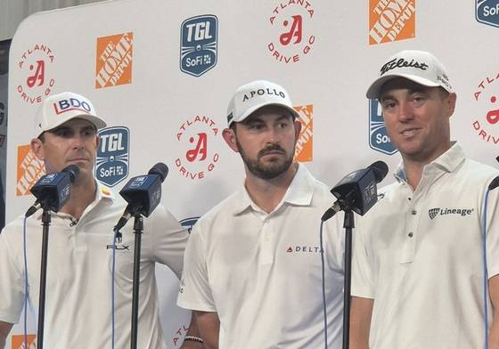 우승팀 애틀랜타의 빌리 호셸, 패트릭 캔틀리, 저스틴 토머스(왼쪽부터). 성호준 기자