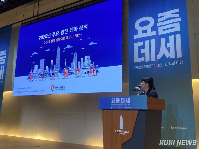 류설리 한국관광공사 관광데이터서비스팀 박사가 27일 ‘요즘 데세: 오늘의 데이터로 보는 내일의 여행’에서 발표하고 있다. 심하연 기자