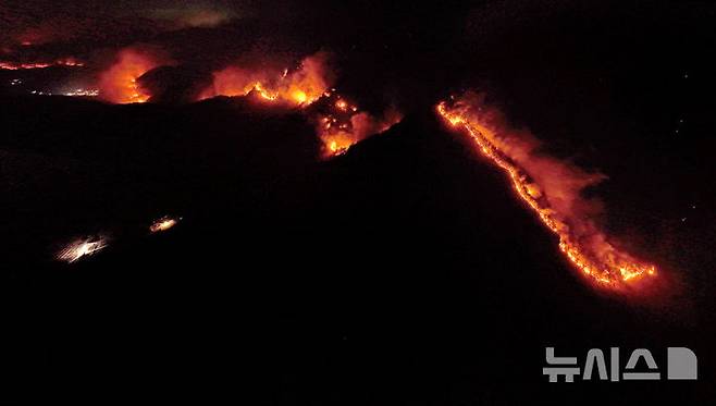 [청송=뉴시스] 이무열 기자 = 26일 밤 경북 청송군 주왕산국립공원에 불길이 솟아오르고 있다. lmy@newsis.com