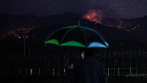 경북 영양군 한 마을에서 주민이 우산을 쓰고 산불 상황을 살펴보고 있다. [연합뉴스 제공]