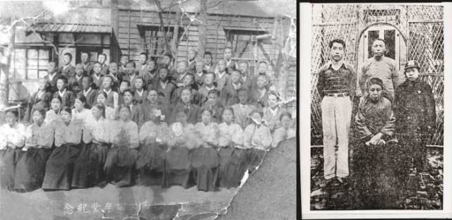 ▲소년에서 청년으로. 왼쪽은 1931년 황해도 안악의 안신보통학교 제6회 졸업사진. 뒤에서 두 번째 줄 왼쪽에서 네 번째가 부모 없이 할머니 손에서 자라던 소년 시절의 김인이다. 오른쪽은 1934년 9년만에 네 가족이 다시 만난 것을 기념해 중국 난징에서 찍은 사진. 김인은 이미 청년티가 물씬 난다. ⓒ필자제공