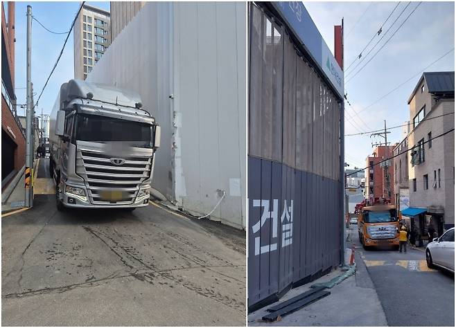 서울 강남구 대치동 대현초등학교 인근 폭 4m 정도에 불과한 골목길에 아파트 건설을 위한 덤프트럭이 오르락내리락하고 있다. 사진은 등하교시간에 이동 중인 덤프트럭 모습. 제보자 제공