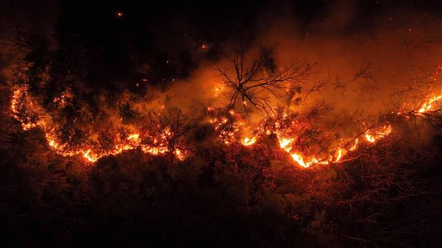 경북 의성에서 시작된 산불이 확산되며 피해가 이어진 26일 경북 의성군 옥산면 신계2리 기룡산에서 산불이 민가 방향으로 번지고 있다. 의성=조태형 기자
