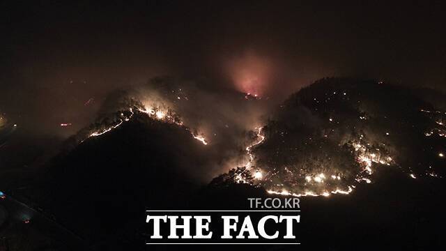 의성 산불이 발생한지 4일째를 맞은 25일 오후 경북 안동시 남선면 신석리 일대에 불이 확산되고 있다. /안동=박헌우 기자
