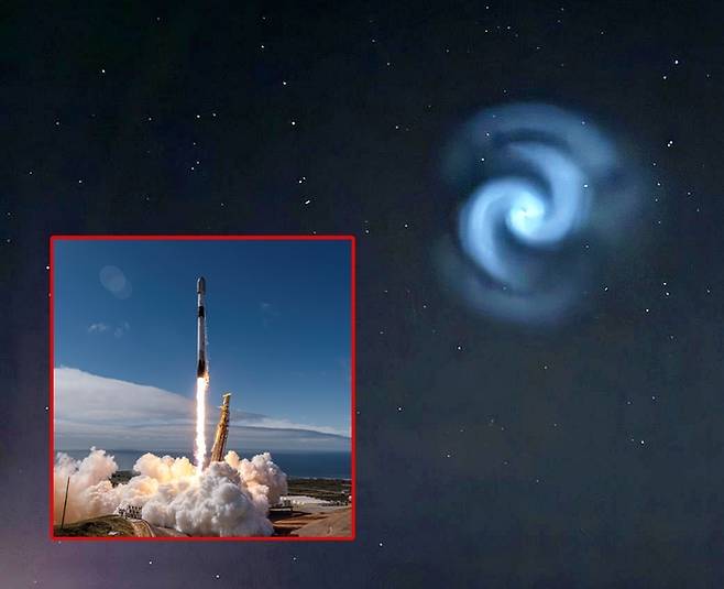 지난 24일(현지 시각) 유럽 국가 상공에서 목격된 푸른색 나선형 빛. 스페이스X 팰컨9 발사과정에서 연료 방출로 인해 나타난 것으로 추정된다. 사진=엑스/스페이스X 캡처