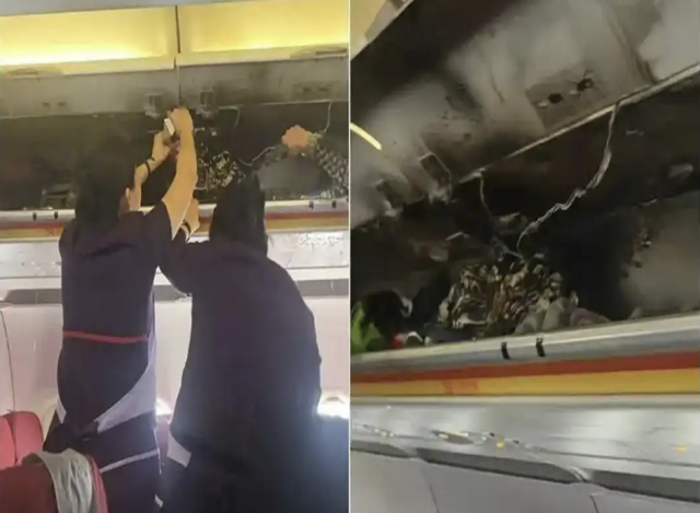 지난 21일 중국 항저우에서 홍콩으로 향하던 항공기 수하물 선반에서 화재가 발생해 승무원들이 긴급 진화에 나서고 있다. 웨이보 캡처