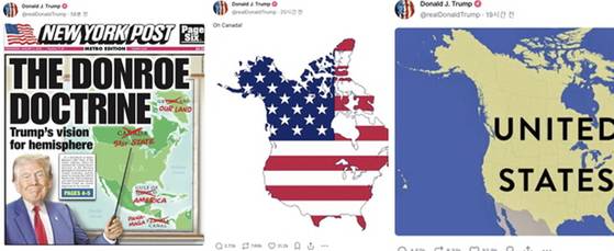 캐나다에 대한 야심을 노골적으로 표출한 도널드 트럼프 대통령의 트루스 소셜 계정. 캐나다 입장에서 대단히 불쾌한 상황일 수밖에 없다. 트루스 소셜