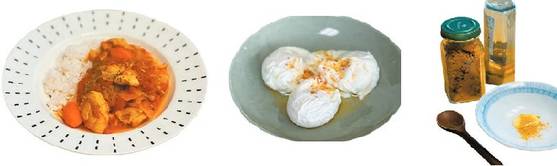 날이 따뜻해지면서 취약한 부위에 탈이 났다면 강황을 추천하는데, 특히 가루는 활용도가 좋다. 강황가루를 넣어 만든 치킨커리. 강황가루를 뿌린 수란. 강황가루에 꿀을 섞어 먹으면 기관지 건강에 도움이 된다. [사진 정성희·픽사베이]