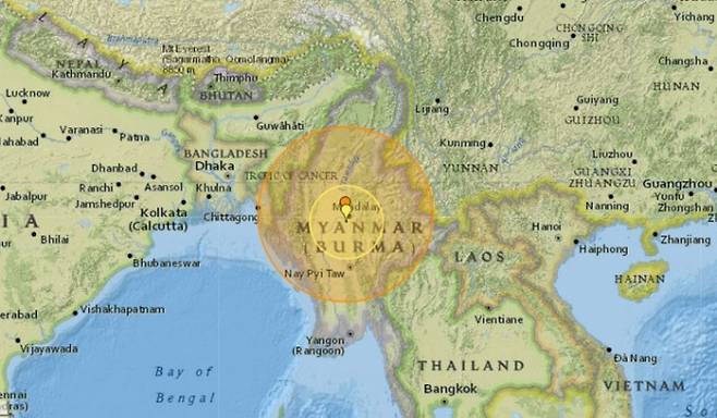 미얀마 중부 지역에 규모 7.7 지진 발생으로 인해 태국 방콕에서도 진동 피해가 일어났다. 사진은 28일 낮 12시50분쯤 미얀마 중부 지역에서 규모 7.7 지진 발생이 감지된 모습. /사진=지진추적시스템 홈페이지 캡처