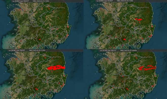 미 항공우주국 화재 정보 자원 관리 시스템(NASA FIRMS)가 공개한 한반도의 산불 정보. 산불 발생 지역을 의미하는 붉은 점의 영역이 점차 넓어진 모습을 보이고 있다. (사진=NASA FIRMS) *재판매 및 DB 금지