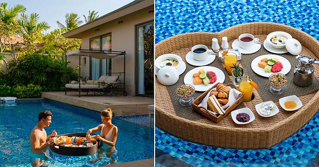 풀빌라 안의 개인 수영장에서 즐기는 플로팅 런치. 사진제공|팜투어