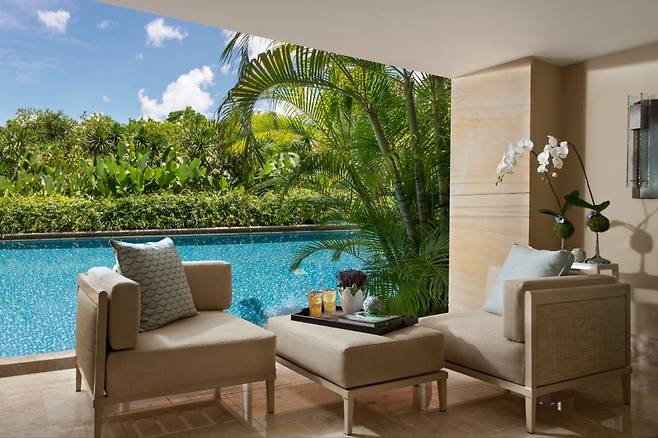 수영장이 연결된 시그니처 라군 엑세스 객실 발코니. 사진제공|팜투어