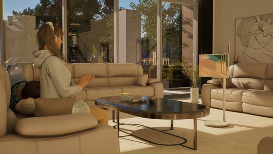 크래프톤의 인생 시뮬레이션 게임 '인조이(inZOI)'에 녹아든 이동식 스크린 'LG 스탠바이미'. 사진=LG전자