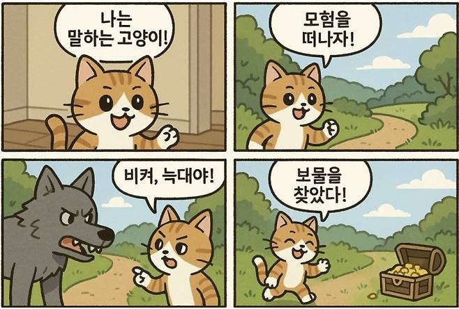 챗GPT 유료버전에서 그려낸 '말하는 고양이의 모험' 4컷만화./사진=온라인 커뮤니티 캡처