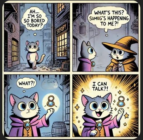 기자가 챗GPT 무료버전으로 생성한 네컷만화. 말하는 고양이의 모험. 길가다 우연히 만난 상점에서 신비로운 목걸이를 획득하자 말을 할 수 있게 된다는 내용이다. /사진=김소연 기자