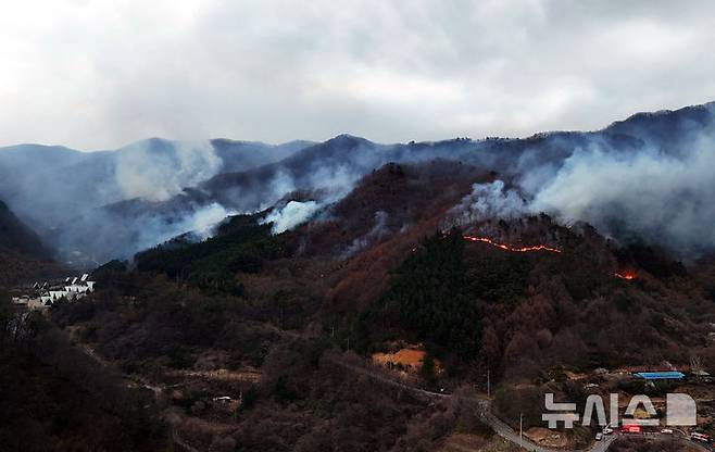 [산청=뉴시스] 차용현 기자 = 지난 27일 지리산국립공원과 맞닿은 경남 산청군 구곡산에 난 산불 모습 2025.03.27. con@newsis.com