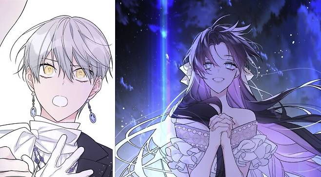 얼샤의 기사단장이었던 주인공 ‘에스텔(왼쪽)’은 적국 얀스가르 왕국의 공녀 ‘루시펠라(오른쪽)’의 몸에 빙의해 다시 태어난다. ⓒ<그 기사가 레이디로 사는 법>