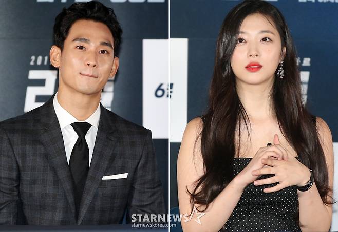 김수현, 최진리(설리)가 26일 오후 서울 성동구 CGV왕십리에서 열린 영화 '리얼' 언론시사회에 참석해 취재진의 질문에 답하고 있다. /사진=임성균 기자 tjdrbs23@