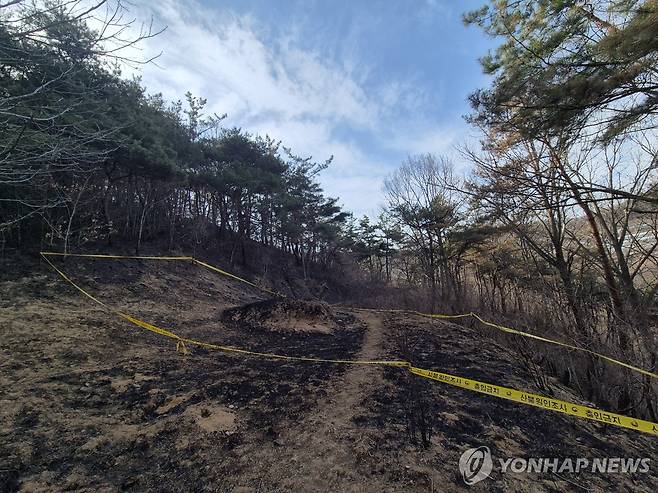 '경북 산불 최초 발화 추정 지점' (의성=연합뉴스) 박세진 기자 = 29일 경북산불 최초 발화 추정 지점인 의성군 괴산리 야산 묘지가 불에 타면서 검게 변해 있다. 2025.3.29 psjpsj@yna.co.kr
