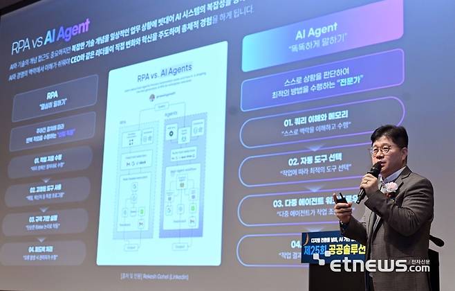 한국IT서비스산업협회와 전자신문이 주최한 제25회 공공솔루션마켓이 28일 서울 삼성동 코엑스에서 열렸다. 지용구 더존비즈온 부사장이 '보안과 생산성을 동시에 프라이빗 AI 기반 업무 자동화 전략'에 대해 기조강연 하고 있다. 박지호기자 jihopress@etnews.com