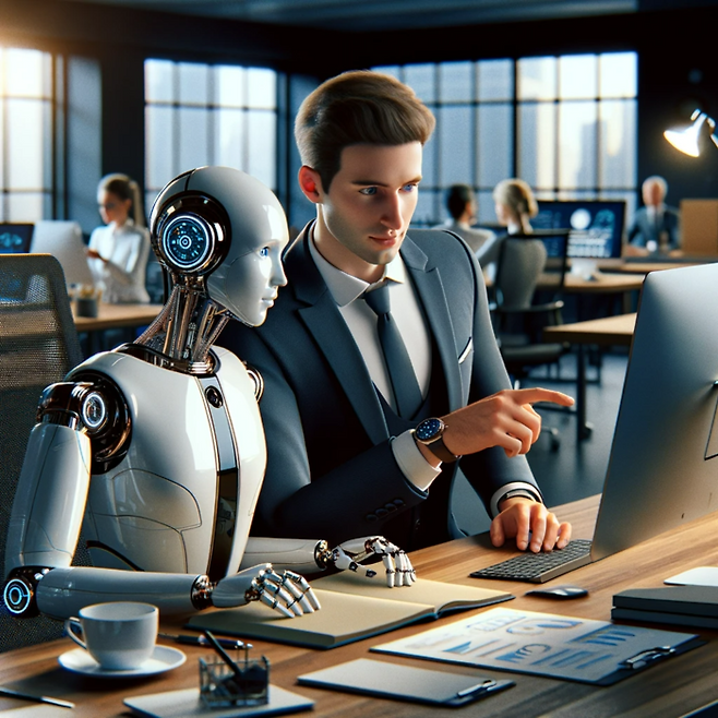 ‘인간과 함께 일하는 인공지능(AI) ’을 생성형 AI로 만든 이미지. DALL-E