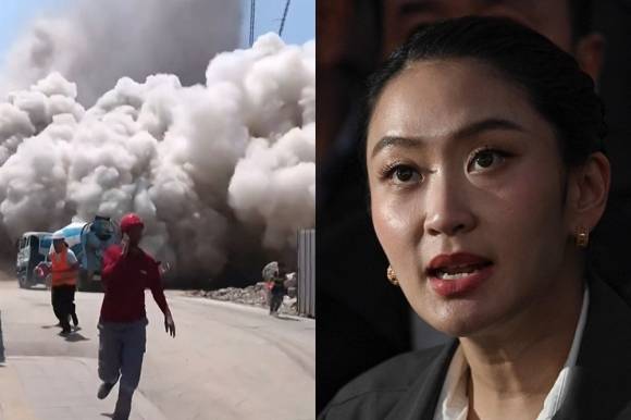 28일 미얀마 중부를 강타한 지진 여파로 태국 방콕 짜뚜짝 시장 인근에 건설 중이던 33층짜리 감사원 청사 건물이 순식간에 무너져내렸다. 오른쪽은 참사 당일 붕괴 현장을 찾은 패통탄 친나왓 태국 총리. 2025.3.29. AFP 연합뉴스