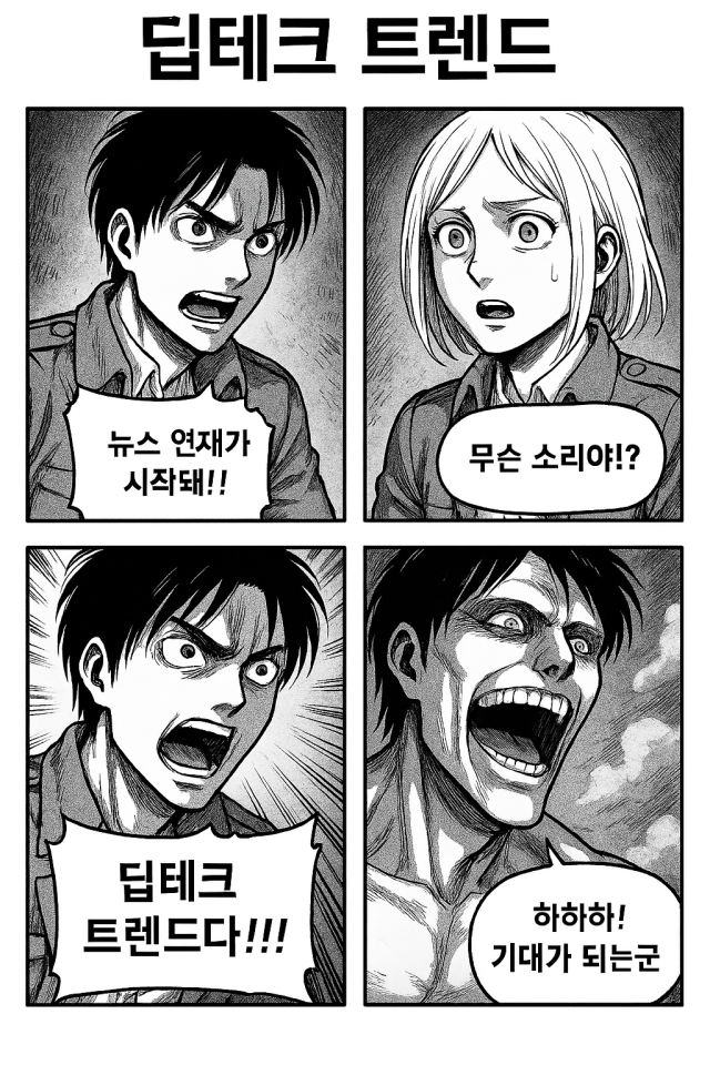 챗GPT로 생성한 ‘딥테크 트렌드’ 관련 애니메이션 ‘진격의거인’ 스타일 4컷만화. 챗GPT캡처