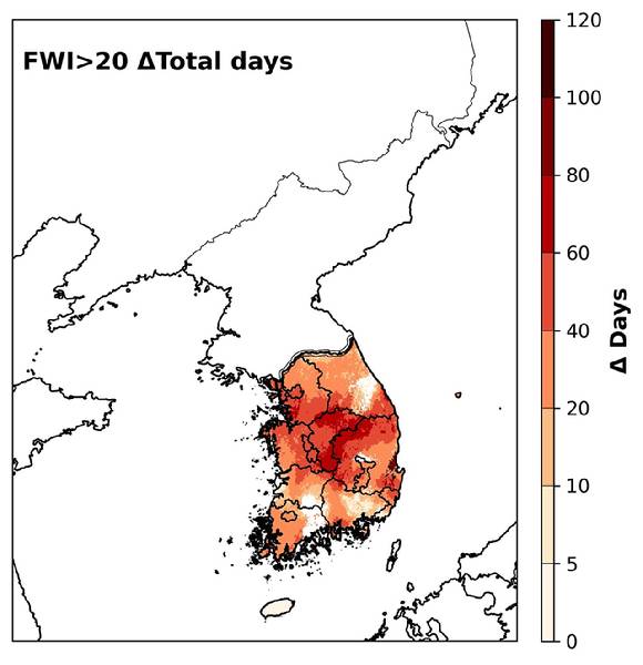 산업화 이전과 현재 기후 사이에 발생한 산불 위험 일수의 변화. 갈수록 산불 위험일이 증가하고 있다. [사진=그린피스]