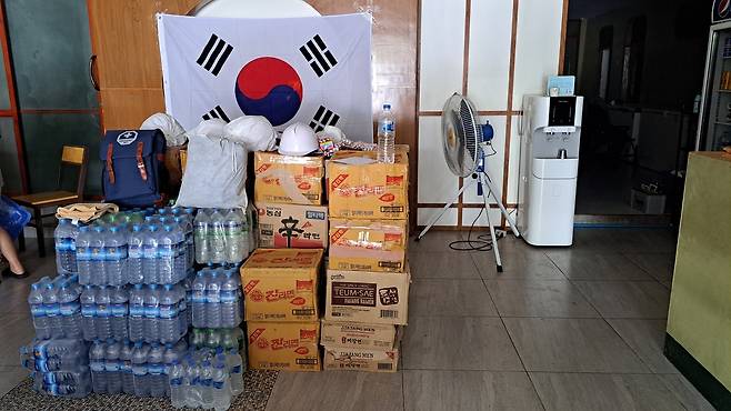 지원품들 (만달레이=연합뉴스) 박의래 특파원 = 주미얀마 한국대사관에서 제공한 지원품. 2025.3.31. laecorp@yna.co.kr
