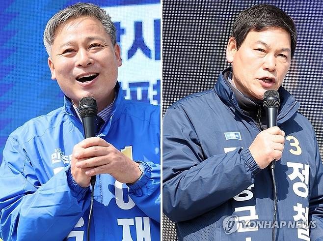 담양군수 재선거 후보자인 이재종 민주당 후보자(왼쪽)와 정철원 조국혁신당 후보자가 선거 운동을 하고 있다. 연합뉴스.