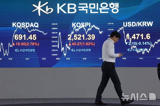 [서울=뉴시스] 권창회 기자 = 1일 오후 서울 여의도 KB국민은행 스마트딜링룸에서 딜러들이 업무를 보고 있다. 코스피가 전 거래일보다 40.27포인트(1.62%) 오른 2521.39에 마감했다. 코스닥 지수는 전 거래일보다 18.60포인트(2.76%) 상승한 691.45, 원·달러 환율은 전 거래일보다 1.0원 내린 1471.9원에 마감했다. 2025.04.01. kch0523@newsis.com