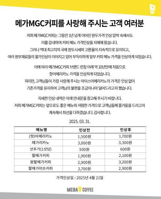 가격 인상 공지. 메가MGC커피 홈페이지