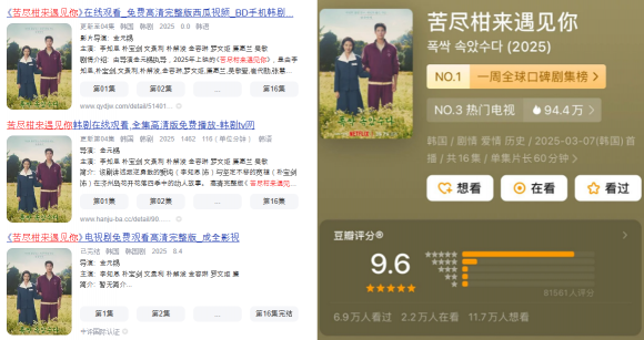 넷플릭스가 서비스되지 않는 중국 내에서 한국 시리즈 ‘폭싹 속았수다’가 불법 유통되고 있다(왼쪽 사진). 리뷰 사이트인 도우반에서는 이 작품이 9.6점이라는 높은 평점을 받고 있다. 출처=지우파이신문