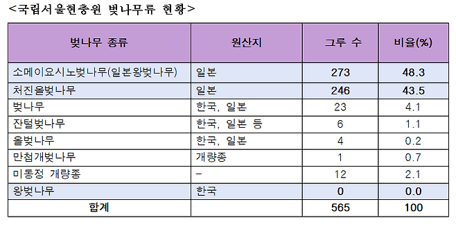 국립서울현충원 벚나무류 현황. 왕벚프로젝트2050 제공