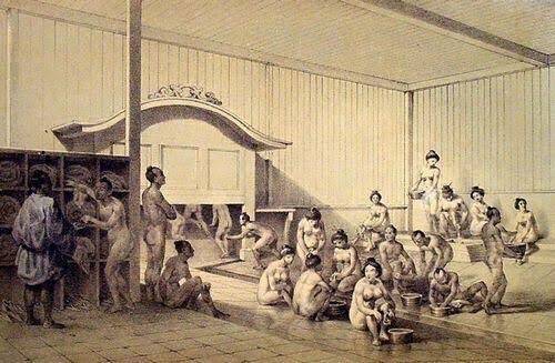 19세기중반 흑선을 이끌고 일본의 개항을 유도했던 미국 매튜 페리 제독의 ‘일본 원정기’에 실린 삽화. 당시 일본인들이 대중 목욕탕에서 목욕을 하고 있다.