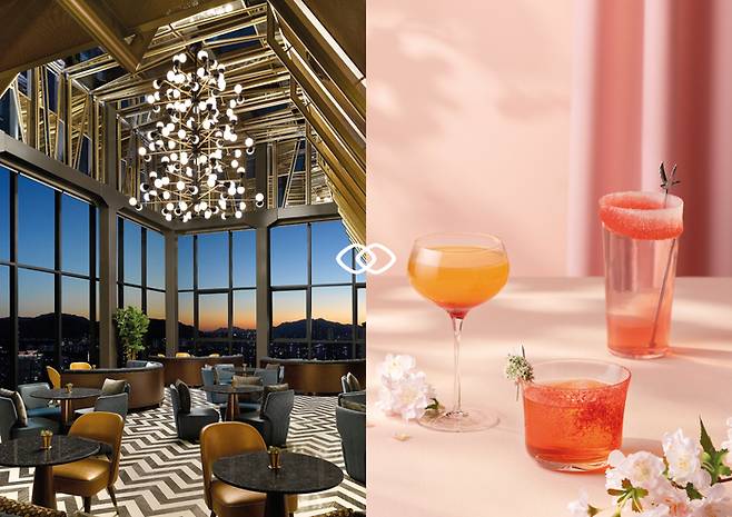소피텔 앰배서더 서울 최상층에 위치한 바 ‘라티튜드32’ 풍경과 이곳에서 제공하는 칵테일 / 사진=소피텔 앰배서더 서울