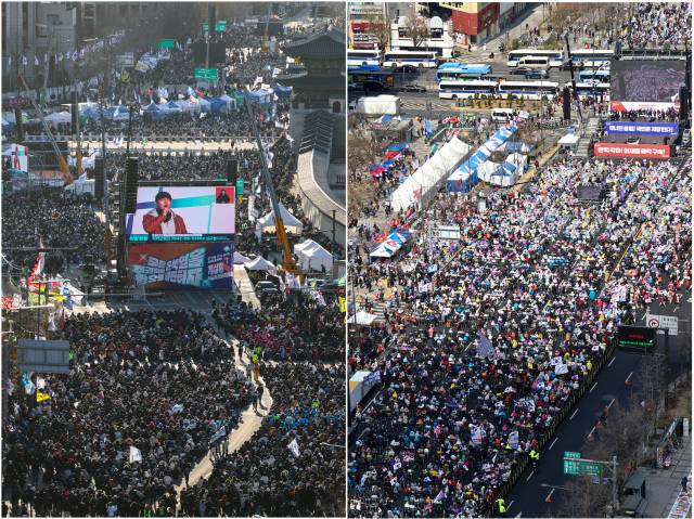 ▲지난달 29일 서울 종로구 광화문 일대에서 윤석열 대통령 찬반 집회가 열리고 있다. 왼쪽은 윤석열 즉각 퇴진 사회대개혁 17차 범시민대행진, 오른쪽은 자유통일당 탄핵 반대 집회. ⓒ연합뉴스