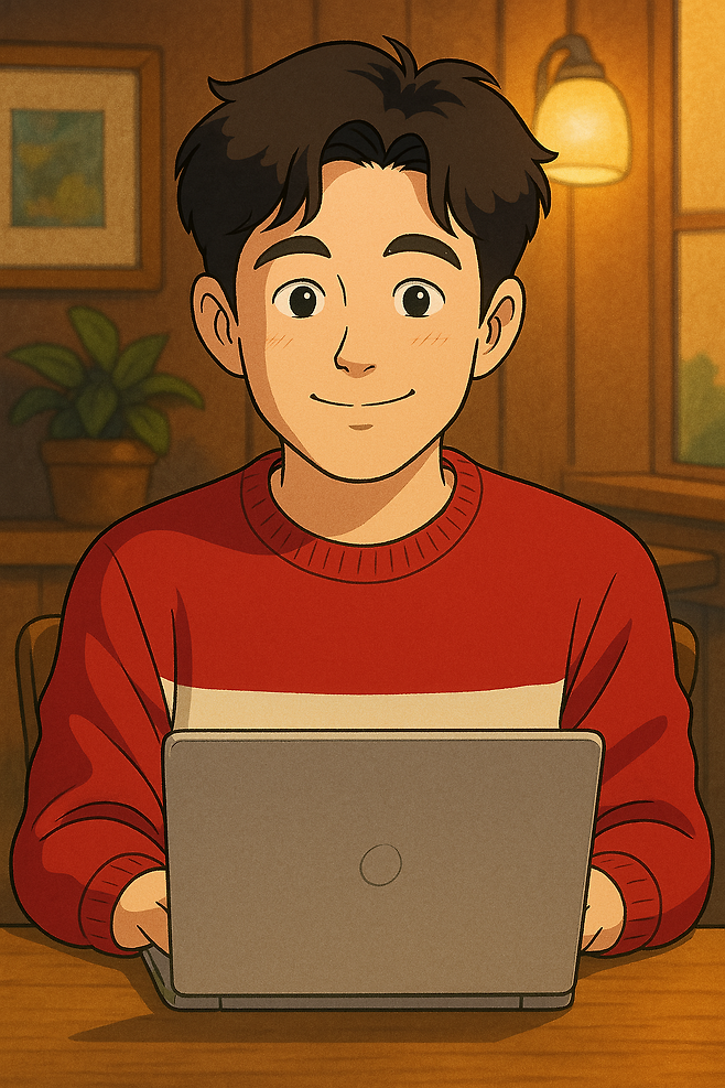 증명사진을 챗GPT에 업로드한 뒤, “지브리 스타일로, 카페에서 노트북을 하고 있는 모습으로 바꿔줘”라고 명령한 결과물. 인물뿐 아니라 배경의 따뜻한 조명과 카페의 목가적인 인테리어까지 지브리 특유의 감성으로 재해석됐다.