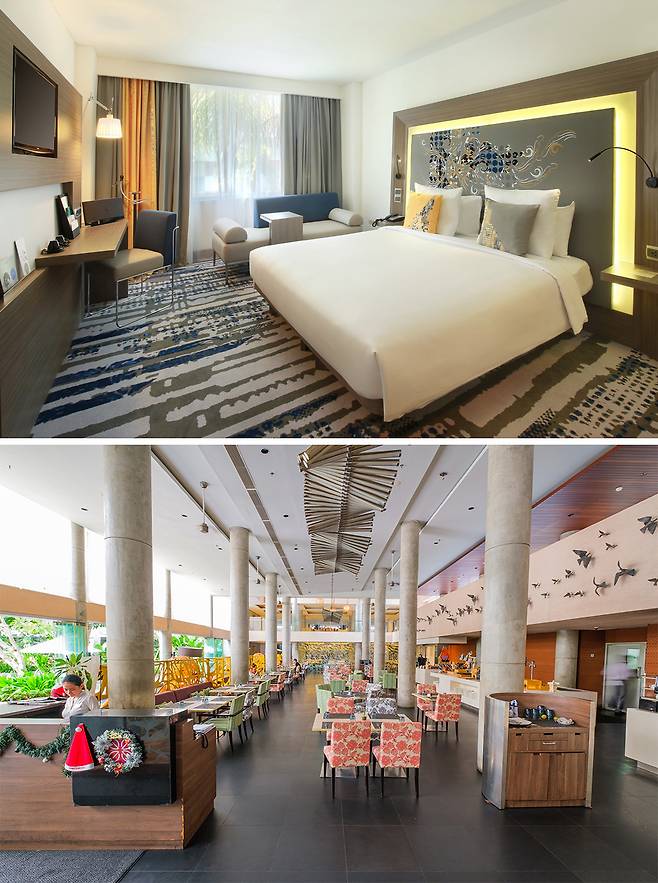 VIP샌딩 서비스로 제공되는 노보텔 객실과 힐튼 가든인 레스토랑. 사진제공|팜투어