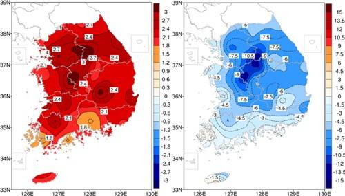 최근 10년과 과거 10년 3월 평균기온과 상대습도 차이. [기상청 제공. 재판매 및 DB 금지]