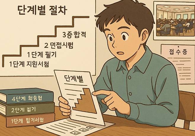 단계별 절차 3증합적 2 먼접시험 접 수 증 1단계 필기 1단계 지원서첨 단계별 4단계 험등험 2단게 빌기 1단게 필기서험 A A O