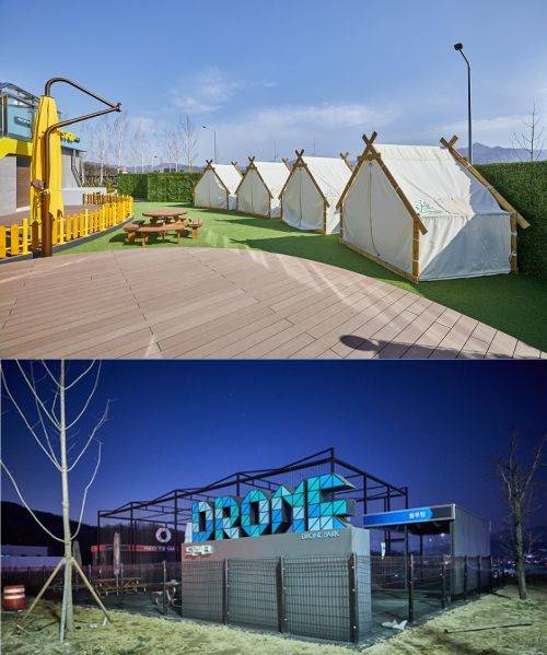 [서울=뉴시스] 남한강휴게소 야외에 위치한 글램핑존과 드론 축구 경기장의 모습. 2025.04.03. (사진=한국도로공사 제공) photo@newsis.com  *재판매 및 DB 금지