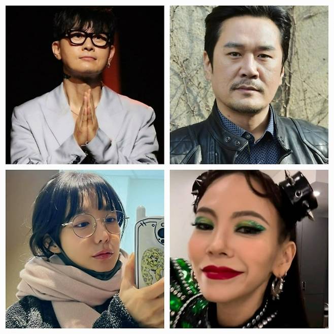 왼쪽 위부터 시계방향으로 가수 이승환, 가수 JK김동욱, 배우 김지우, 배우 신소율. 사진=각 연예인 SNS, 텐아시아DB