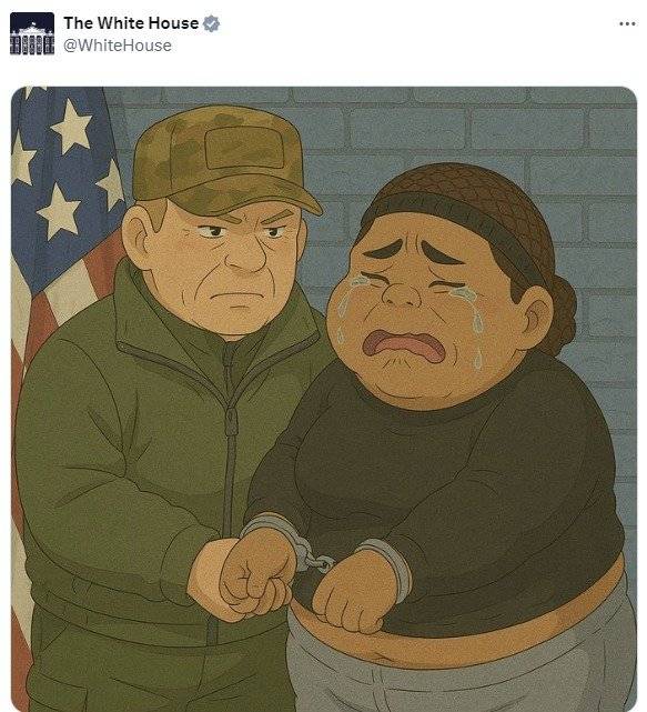 지난달 27일(현지시간) 미국 백악관 공식 X 계정에 게재된 챗GPT 생성한 지브리 스타일 이미지. 17일 미국 필라델피아에서 마약 밀매, 불법 거주 혐의로 체포된 여성의 모습을 재현한 것으로 추정된다.미국 백악관 X 캡처