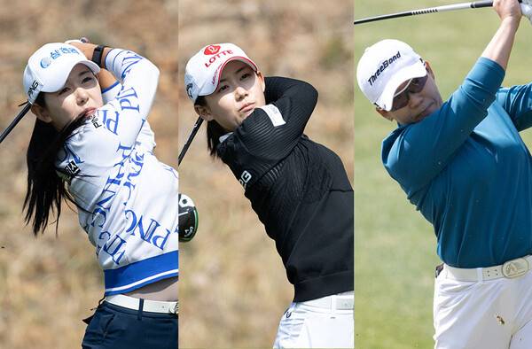 2025년 한국여자프로골프(KLPGA) 투어 '국내 개막전' 두산건설 위브 챔피언십에 출전한 박보겸, 황유민, 신지애 프로가 2라운드에서 경기하는 모습이다. 사진제공=KLPGA