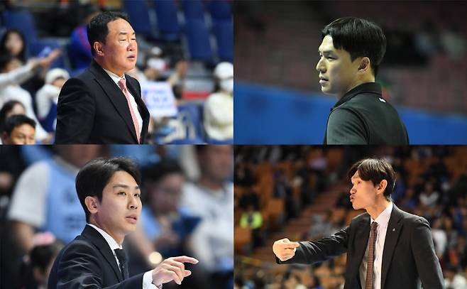 전창진 KCC 감독(왼쪽 위부터 시계방향으로), 김효범 삼성 감독, 김주성 DB 감독, 김태술 소노 감독. 사진=KBL