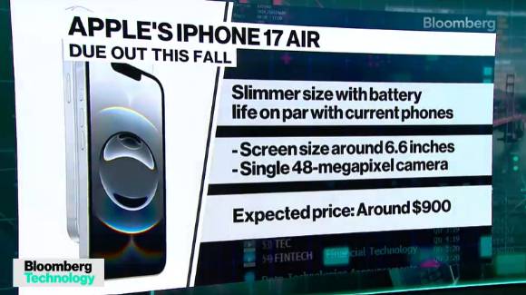 애플도 올해 하반기 슬림 모델 '아이폰17 에어'를 선보일 것으로 예상된다. [사진=블룸버그 유튜브 캡처]