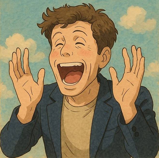 [서울=뉴시스] 행복한 비명을 지르는 오픈AI 샘 올트먼 CEO의 모습을 지브리 화풍으로 생성한 이미지 (사진=챗GPT 제작) *재판매 및 DB 금지