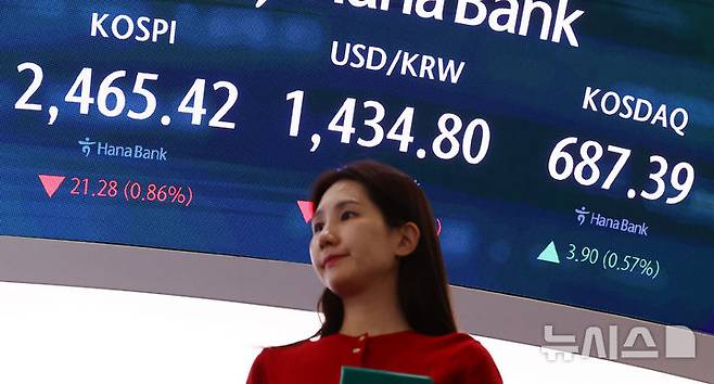 [서울=뉴시스] 박주성 기자 = 4일 오후 서울 중구 하나은행 딜링룸에서 딜러들이 업무를 하고 있다.이날 코스피는 전 거래일(2486.70)보다 21.28포인트(0.86%) 내린 2465.42에 마감했고 코스닥 지수는 전 거래일(683.49)보다 3.90포인트(0.57%) 상승한 687.39에 거래를 마쳤다.서울 외환시장에서 원·달러 환율은 전 거래일(1467.0원)보다 32.9원 내린 1434.1원에 주간 거래를 마감했다. 2025.04.04. park7691@newsis.com