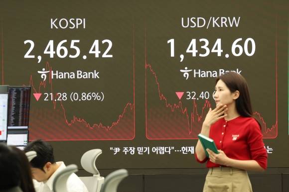 4일 서울 중구 하나은행 딜링룸에서 한 딜러가 자료를 살피고 있다. 이날 코스피는 전장보다 21.28포인트(0.86%) 내린 2465.42에 장을 마감했다. 연합뉴스